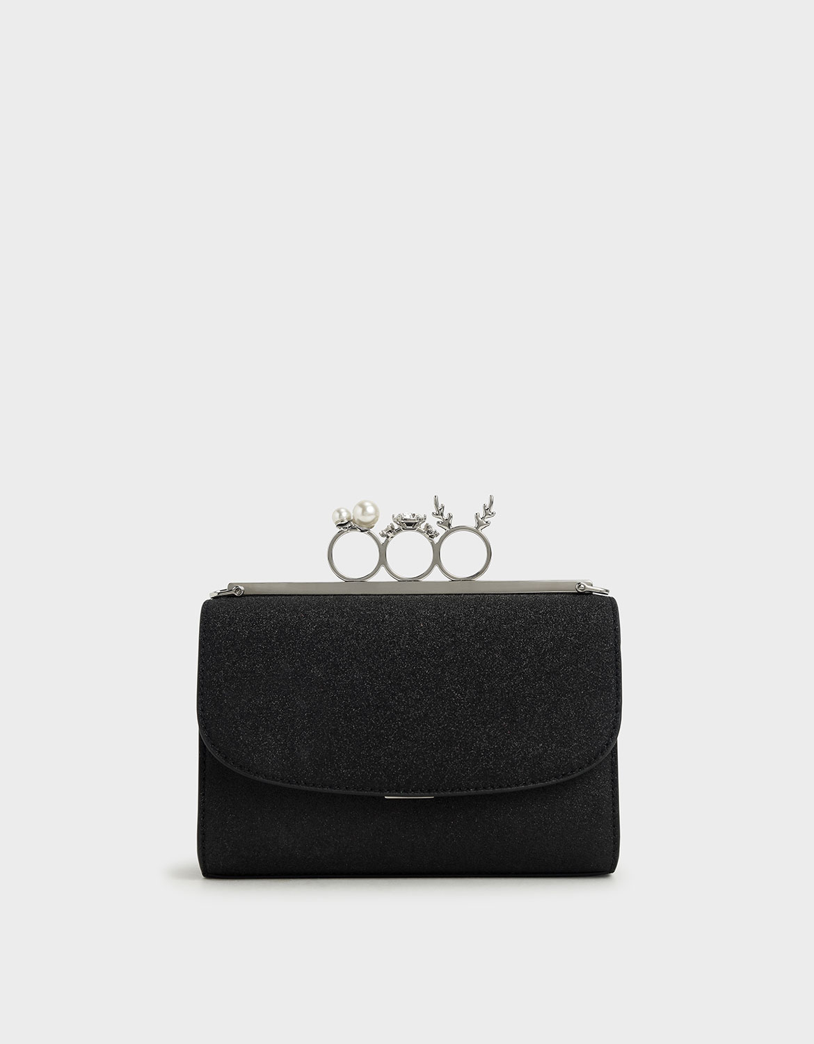 

Glittered Knuckle-Ring Clutch, Black textured