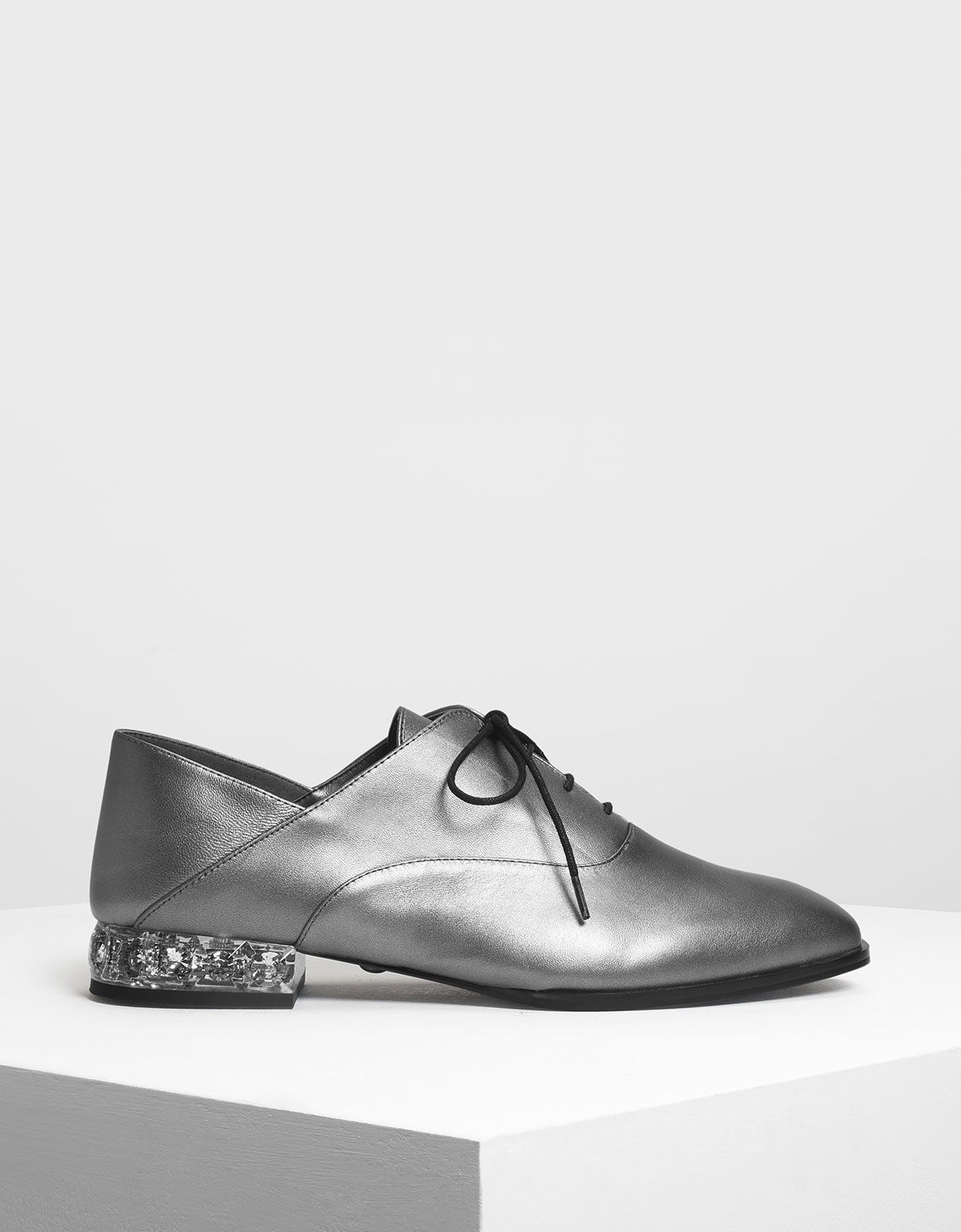 

Faceted Lucite Heel Leather Oxfords, Pewter