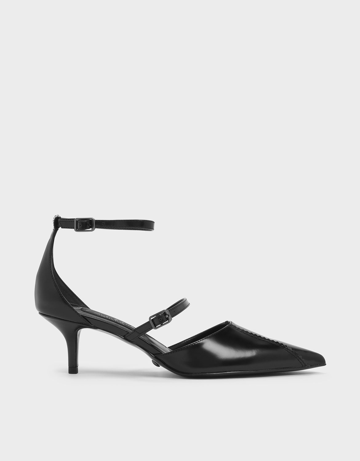 

Zigzag Detail Leather Mary Jane Kitten Heels, Black