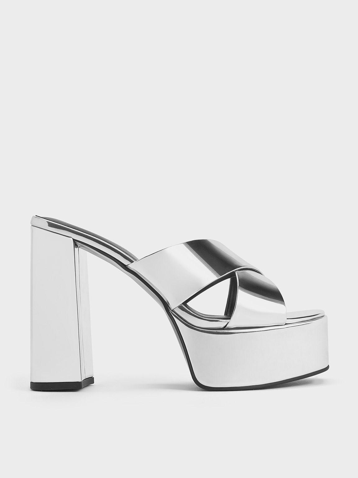 Silver Metallic Crossover Strap Platform Mules - CHARLES & KEITH UK 