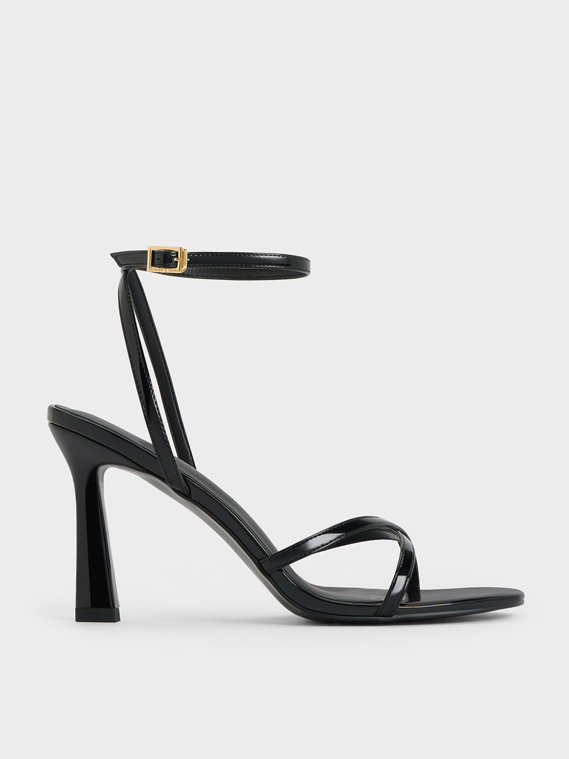 Charles & Keith Patent Crossover-strap Heeled Sandals In Black Patent