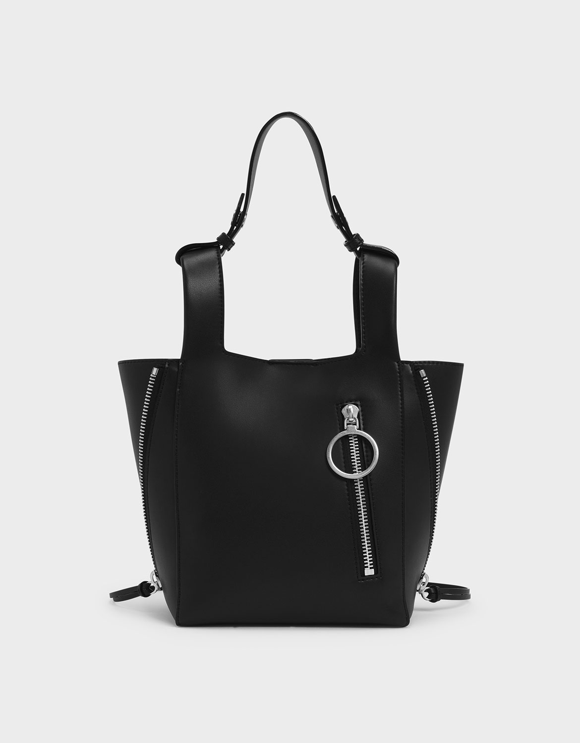 

Ring Zip Pocket Square Handle Trapeze Tote, Black