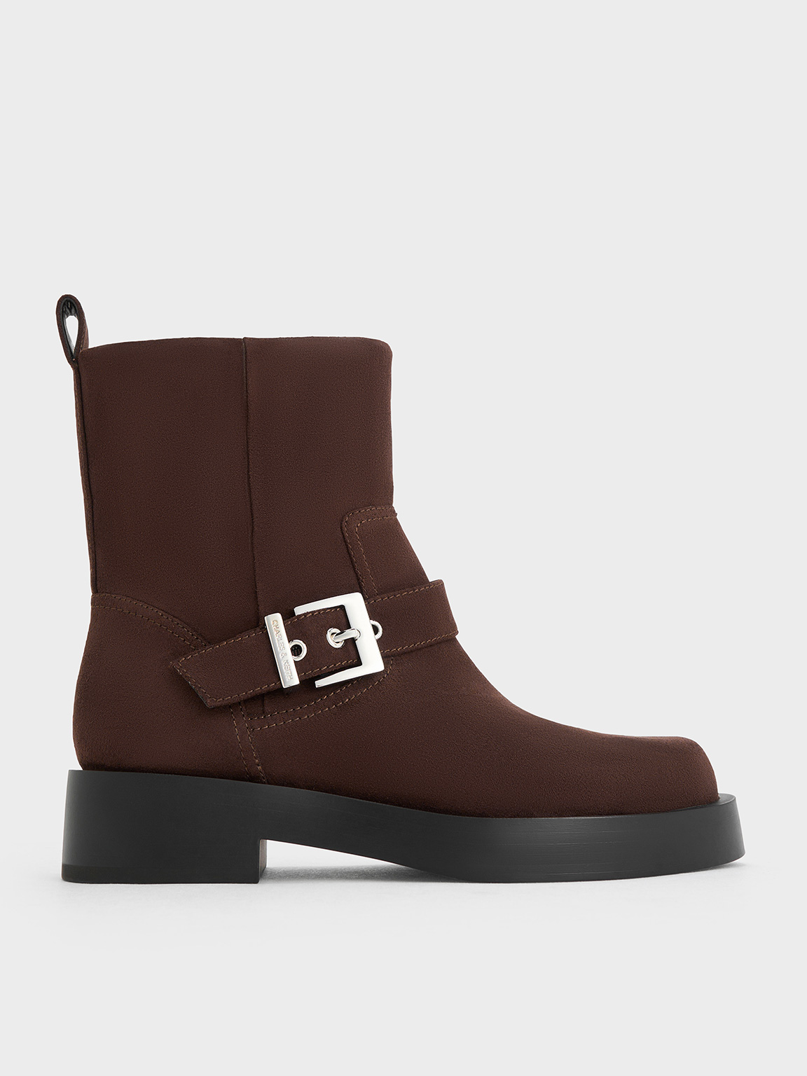 Charles & Keith - Faux Suede Buckle-Strap Biker Boots