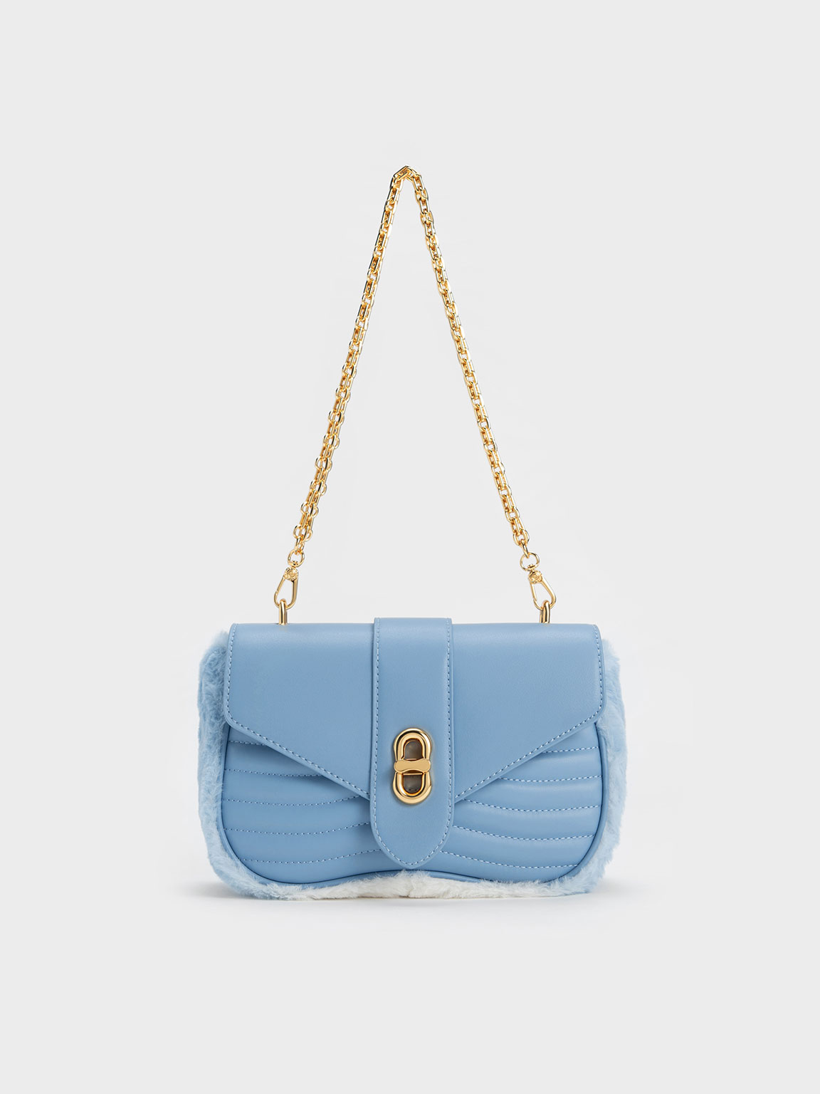 Charles & Keith Aubrielle Fur-trim Panelled Crossbody Bag In Light Blue