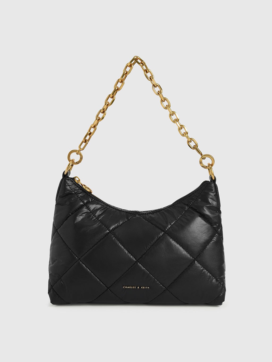 

Puffy Quilted Chain Handle Bag, Black