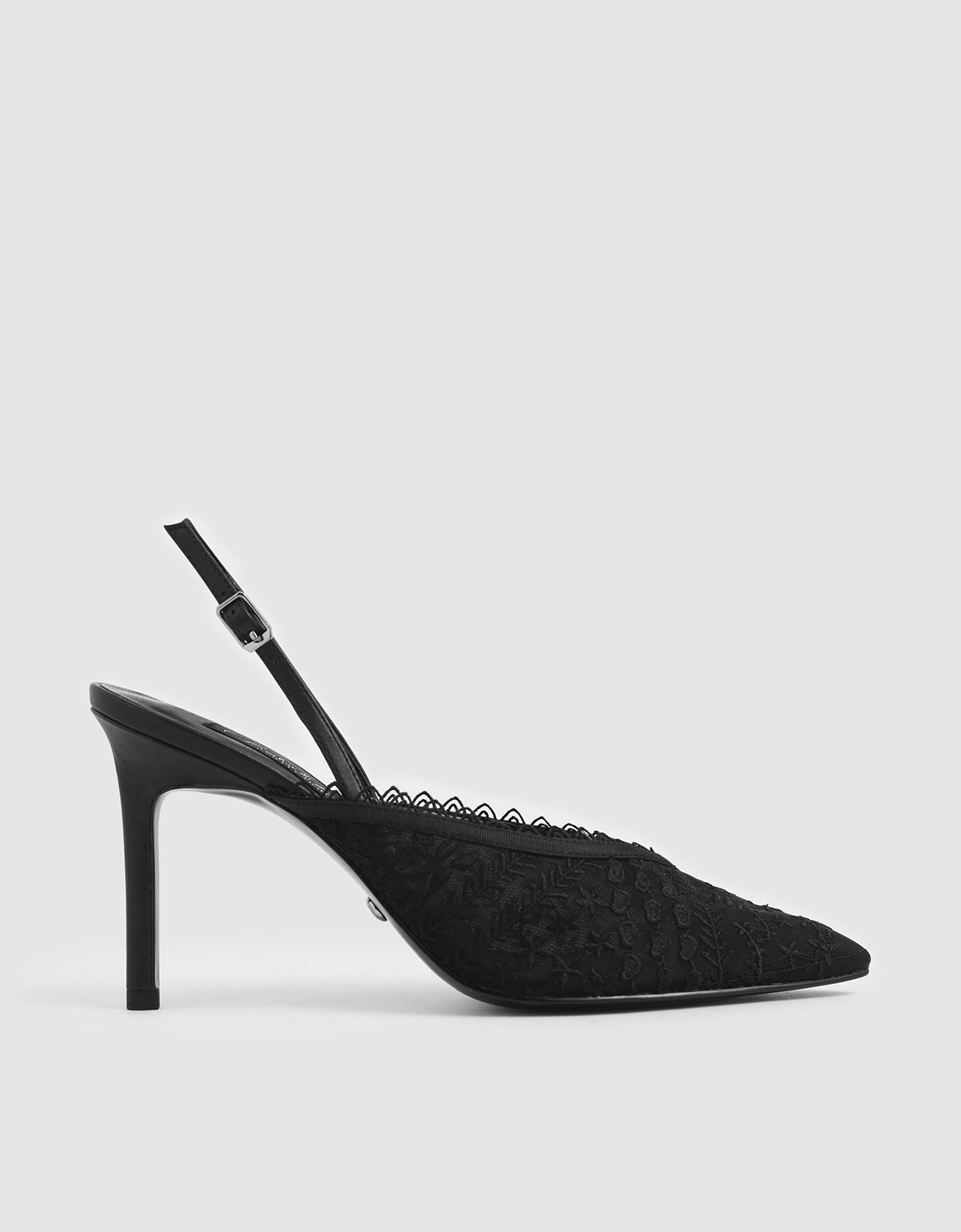 

Floral Embroidered Mesh Slingback Pumps, Black