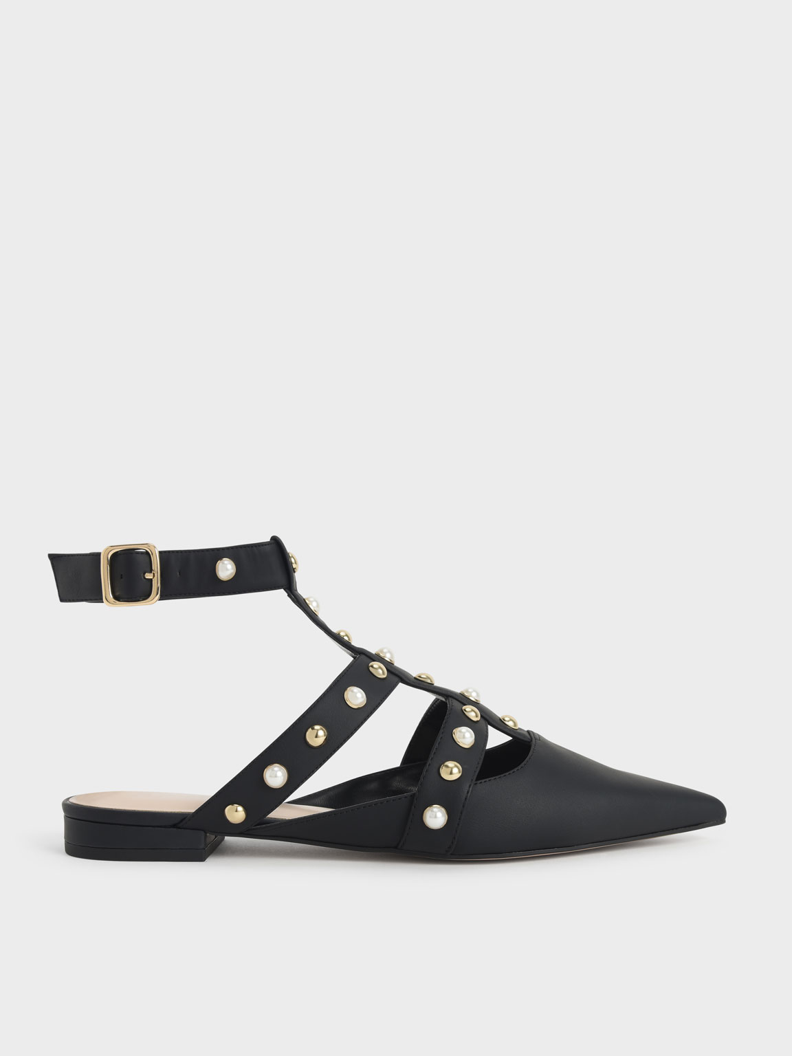 

Caged Embellished Ankle Strap Ballerinas, Black