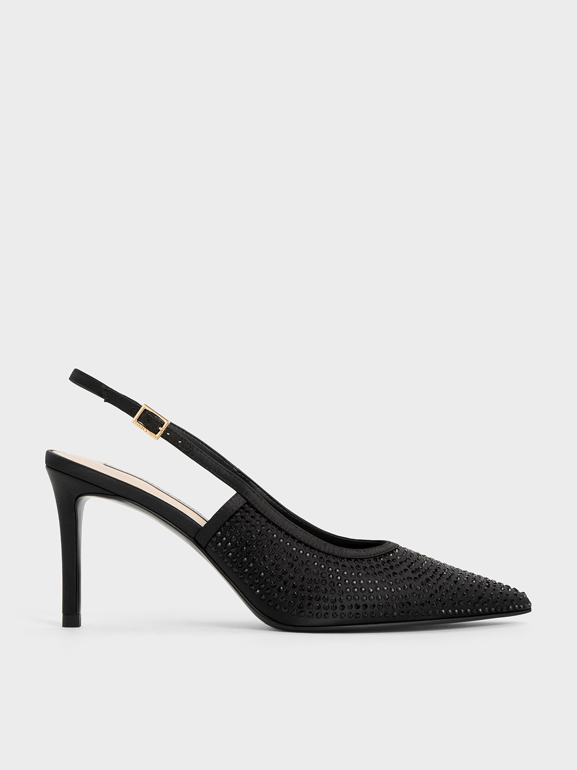 Charles & Keith Satin Crystal-embellished Slingback Pumps In Black Textured