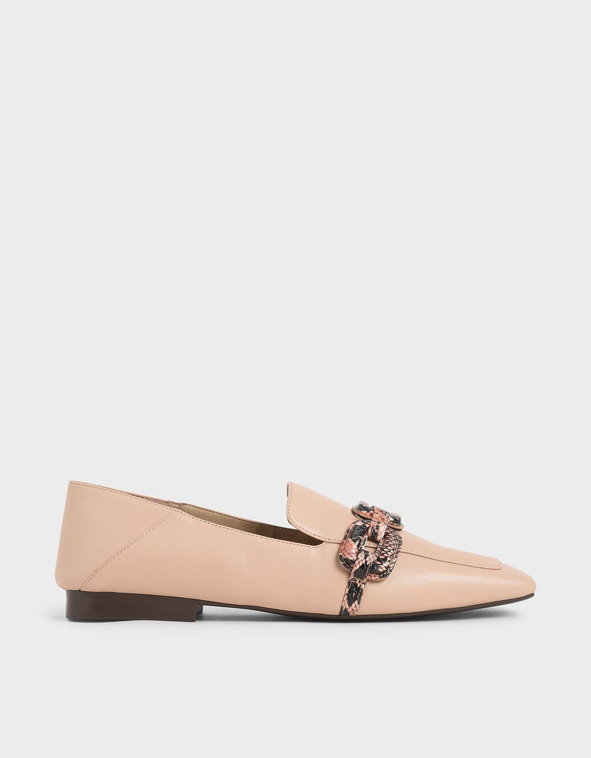 

Leather Snake Print Step-Back Loafers, Light pink