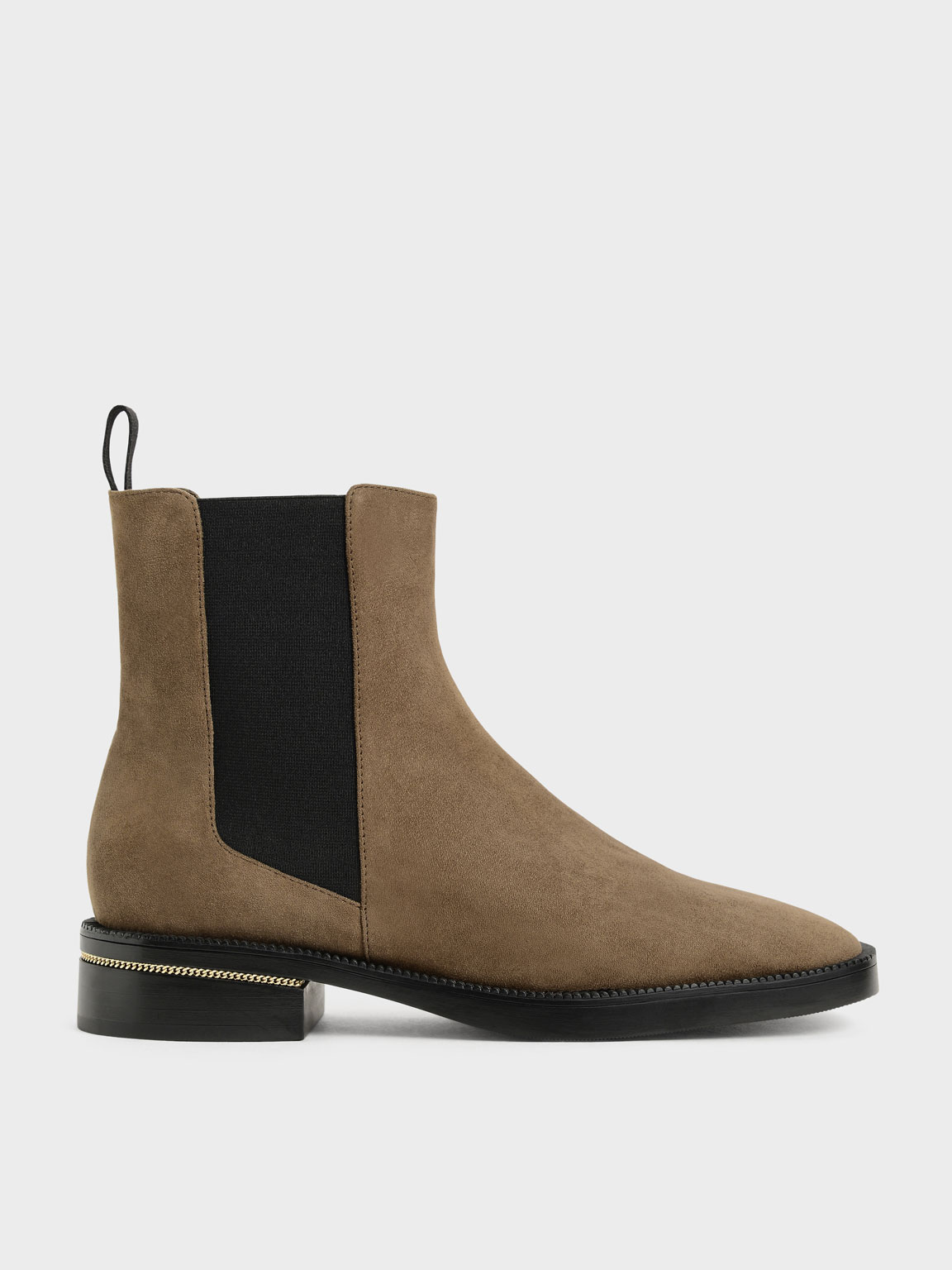 

Chain-Trim Heel Textured Chelsea Boots, Olive