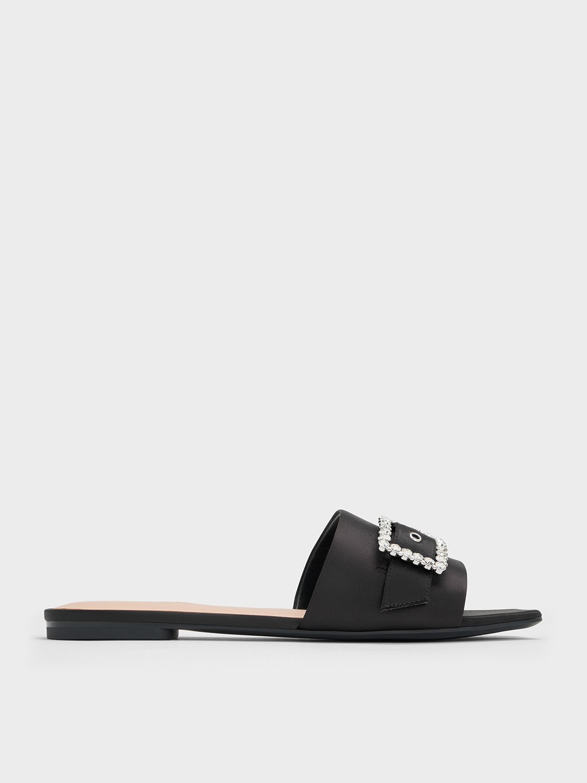 Charles & Keith - Satin Gem-Buckle Square-Toe Slide Sandals