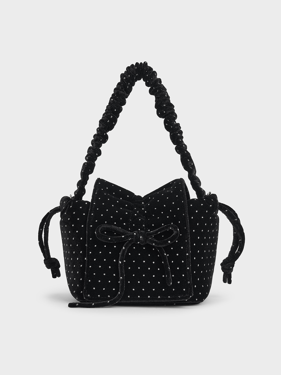 Charles & Keith - Velvet Dotted Bow Ruched Top Handle Bag In Black Textured