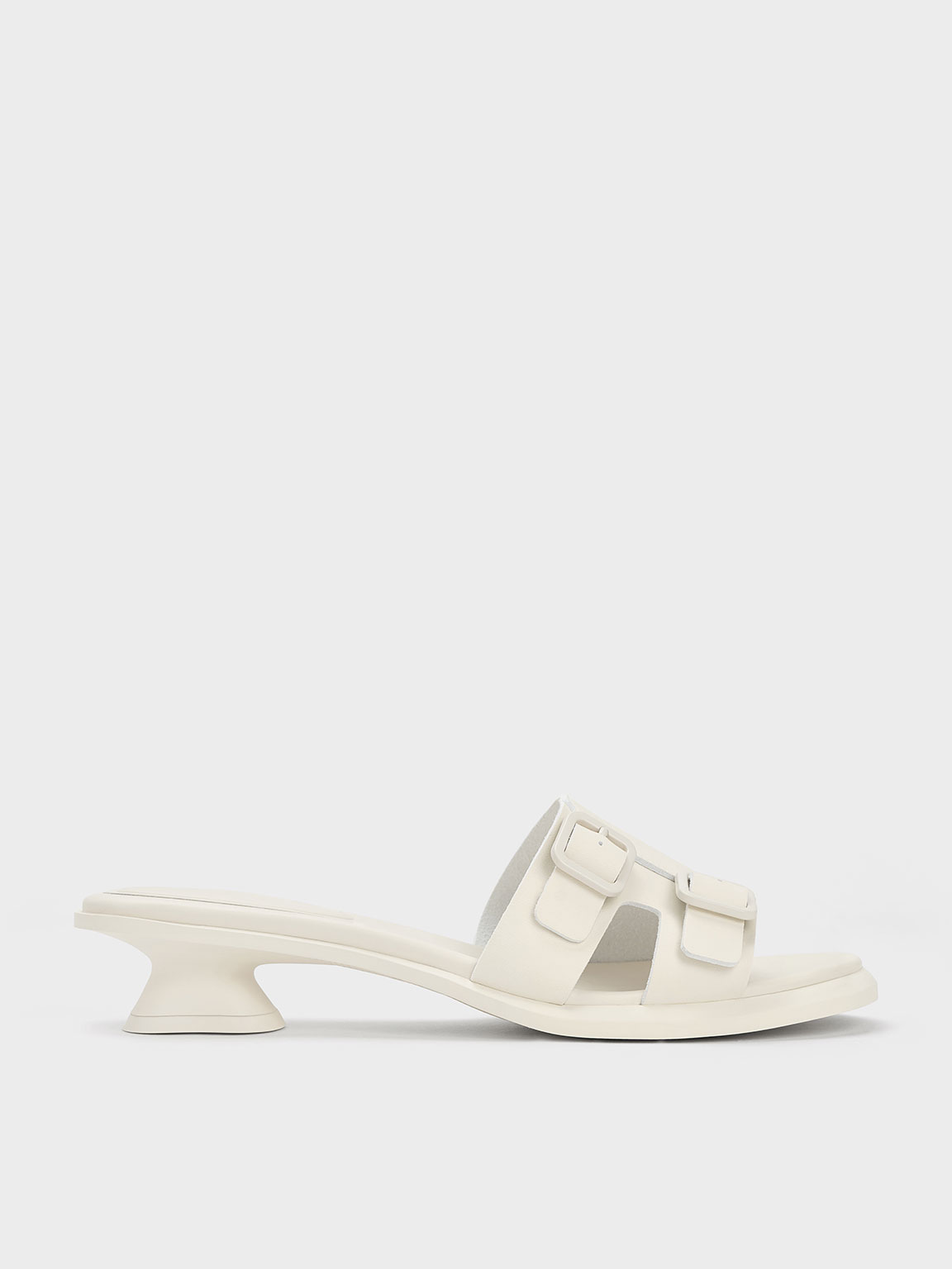 Charles & Keith Double Buckle Sculptural Mules In Chalk