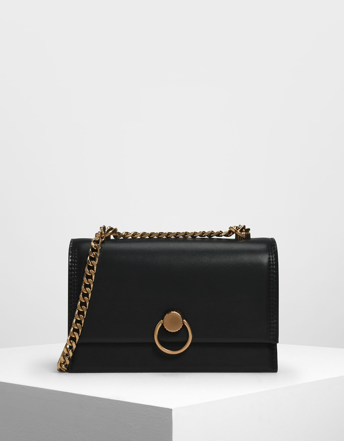 

Chain & Strap Push Lock Shoulder Bag, Black