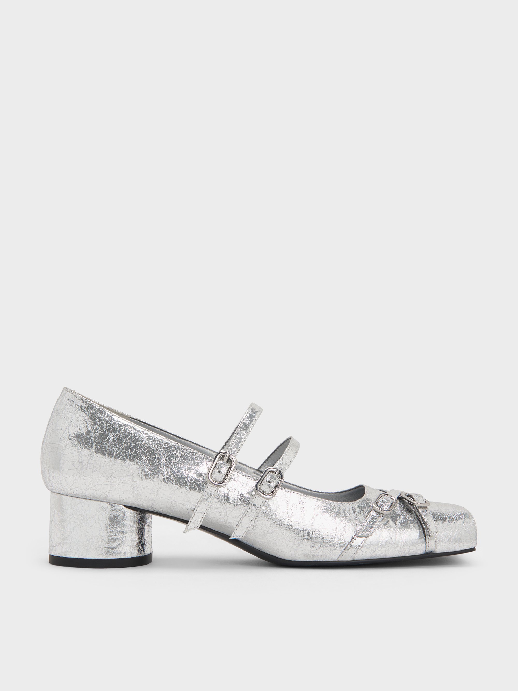Charles & Keith - Metallic Crinkle-Effect Double-Strap Mary Jane Pumps