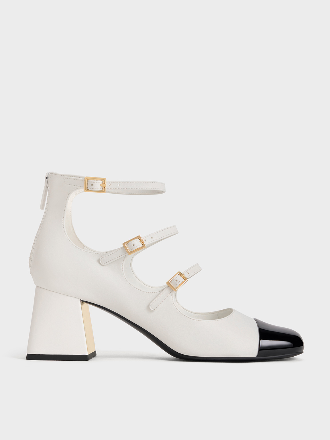 Charles & Keith - Patent Triple-strap Cap-toe Mary Jane Pumps In White
