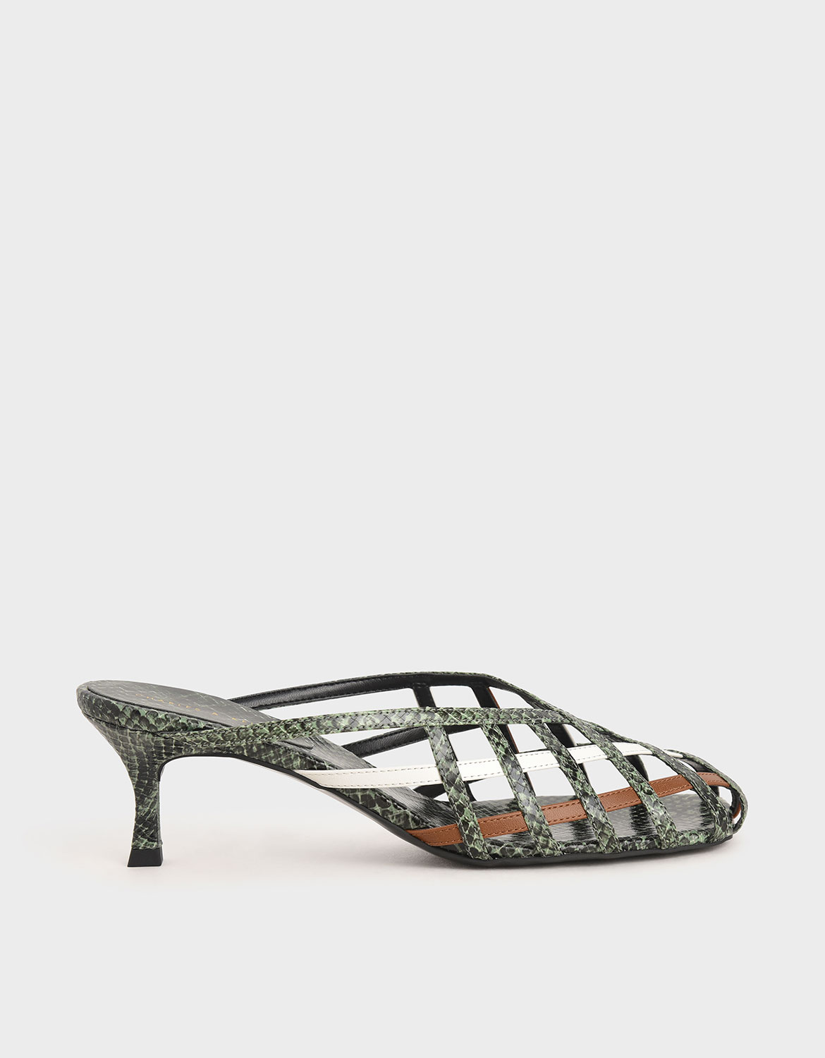 

Snake Print Square Toe Caged Mules, Multi