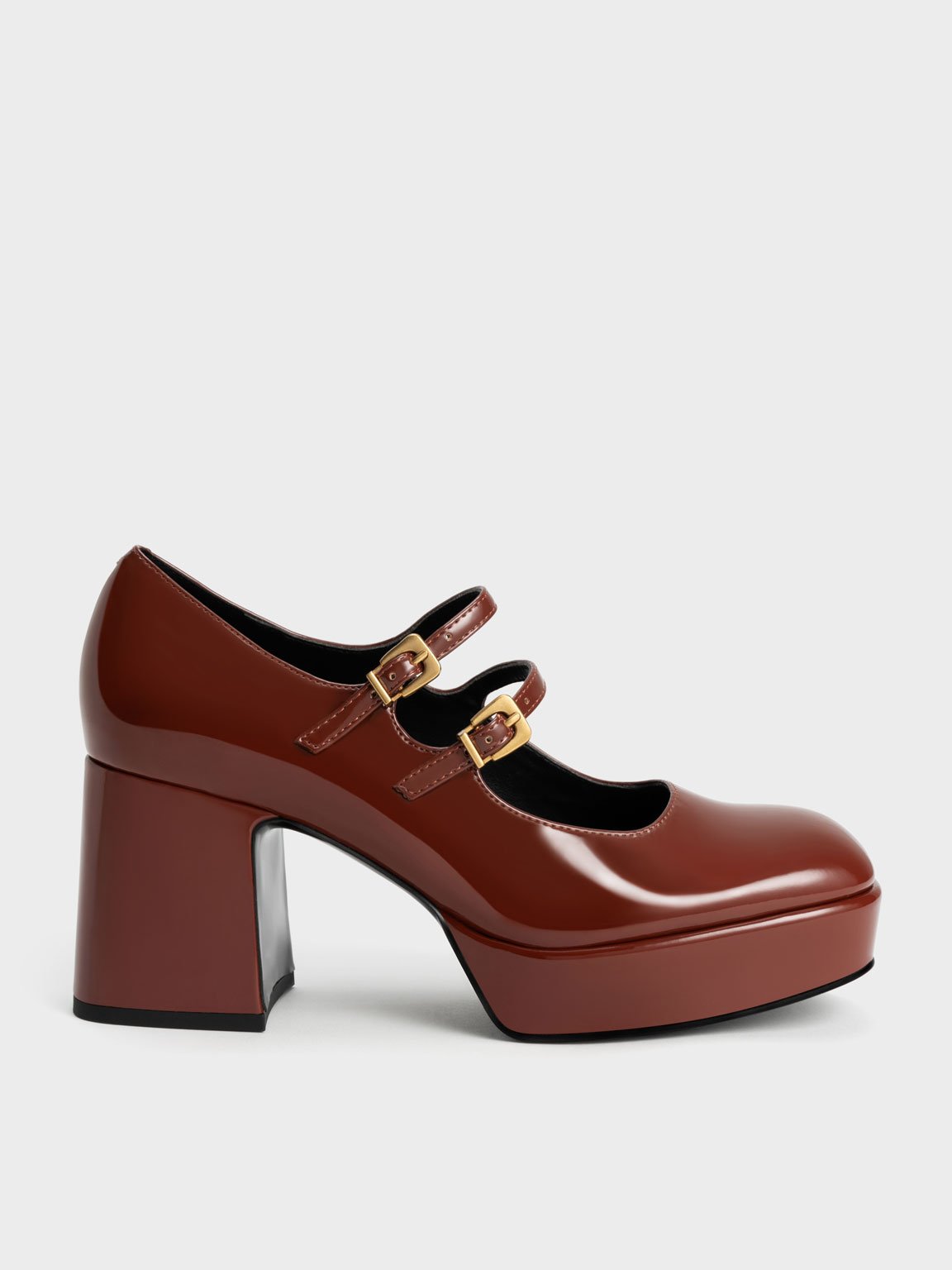 Cognac Patent Block Heel Mary Janes | CHARLES & KEITH UK