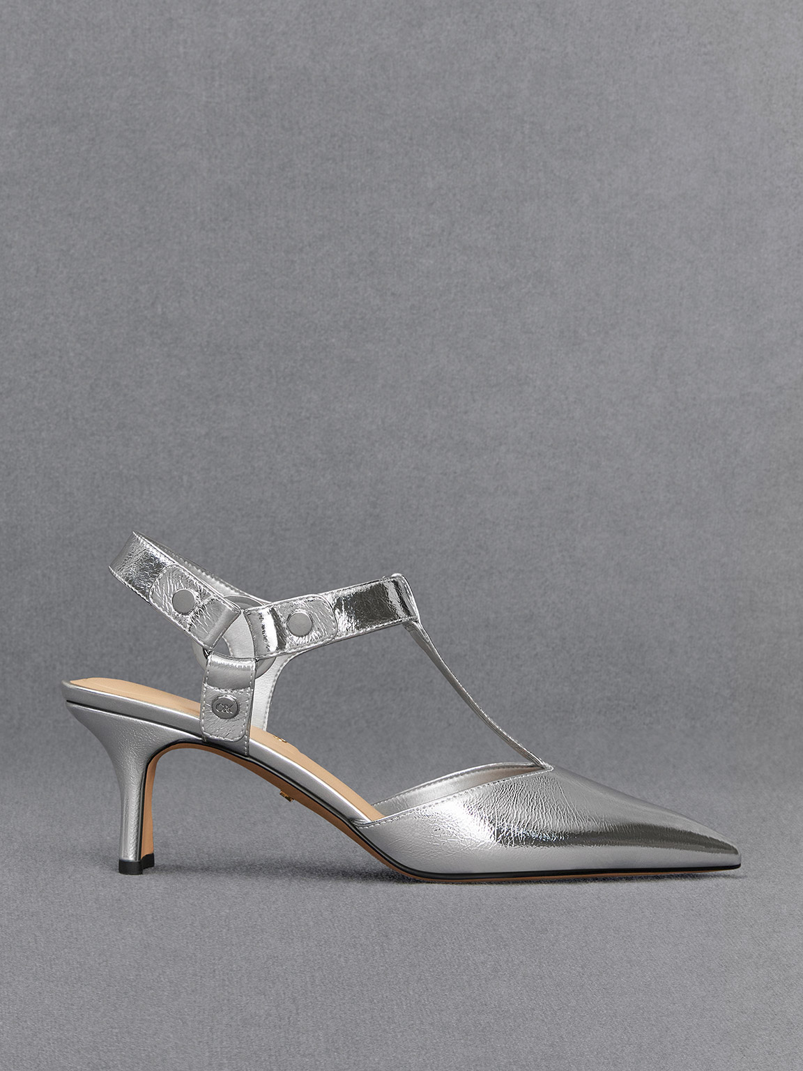 Leather Metallic Buckled T-Bar Pumps