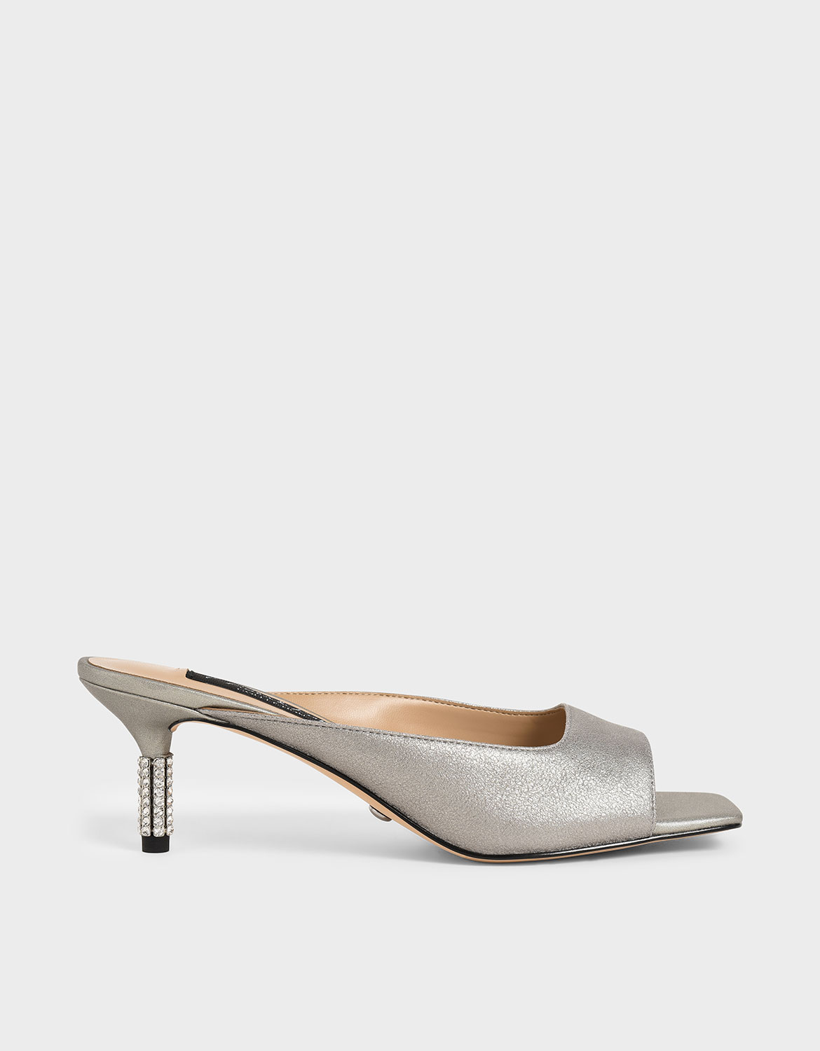 

Metallic Leather Gem-Embellished Mules, Silver