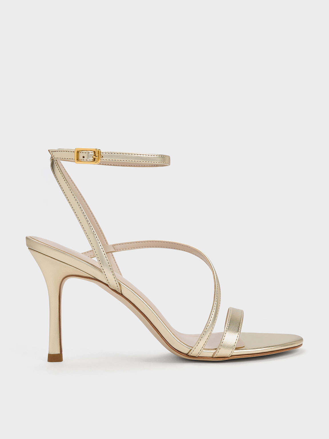 Charles & Keith Metallic Asymmetric Strappy Heeled Sandals In Gold