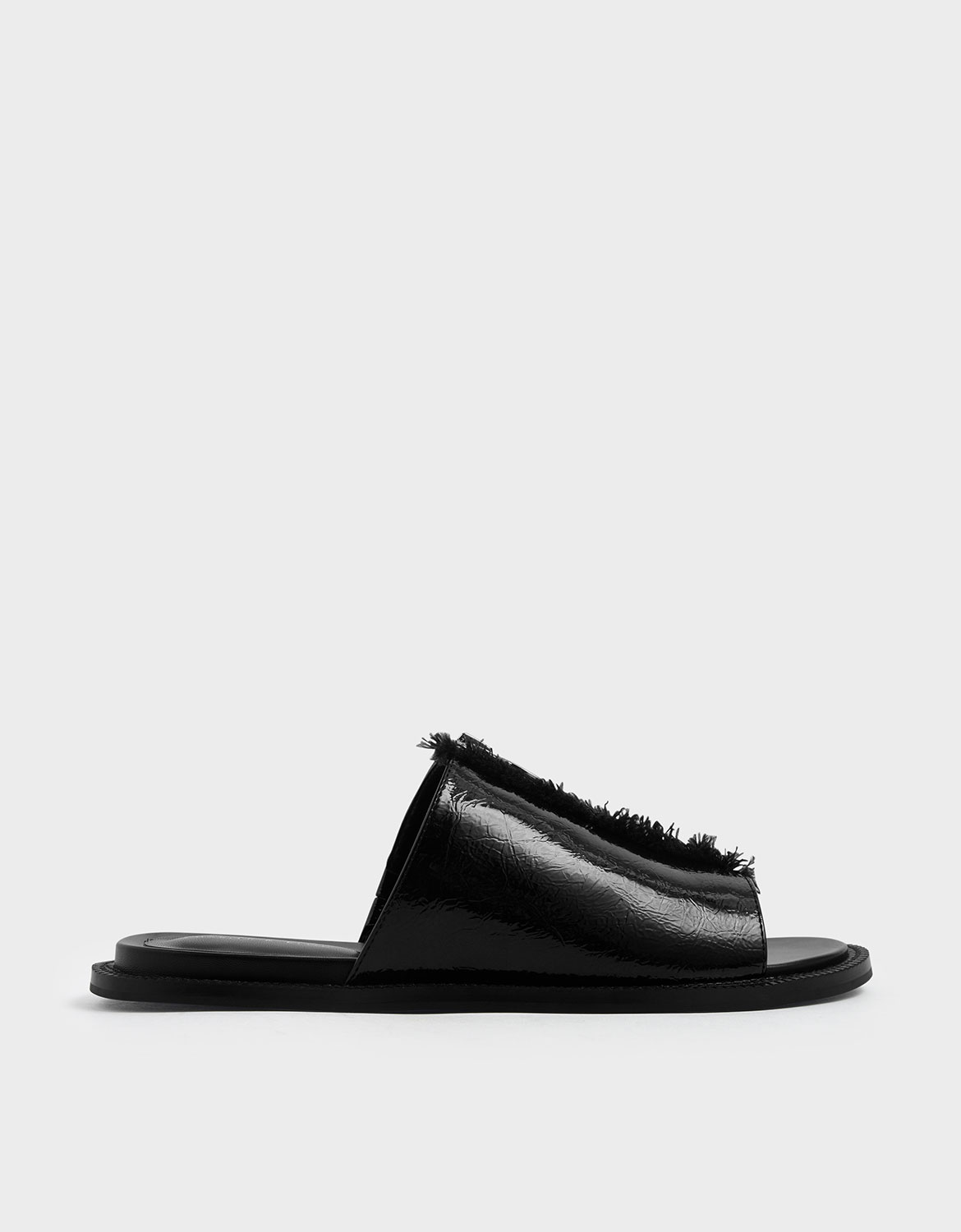 

Wrinkled Patent Frayed Zip Front Slide Sandals, Black