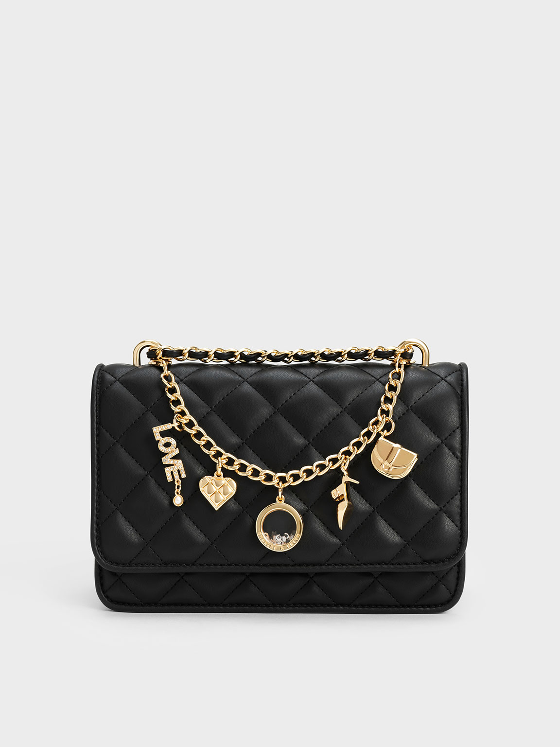 Charles & Keith Charm-embellished Quilted Clutch In Black