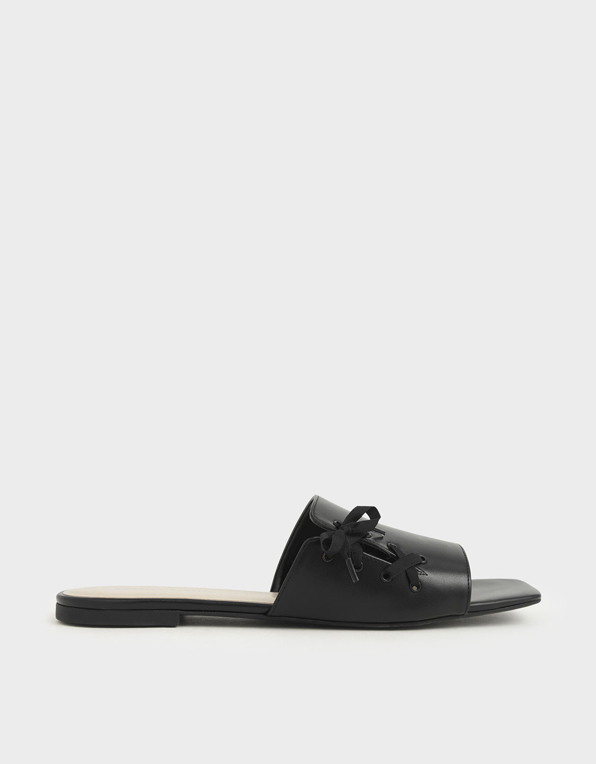 

Ribbon Tie Slide Sandals, Black