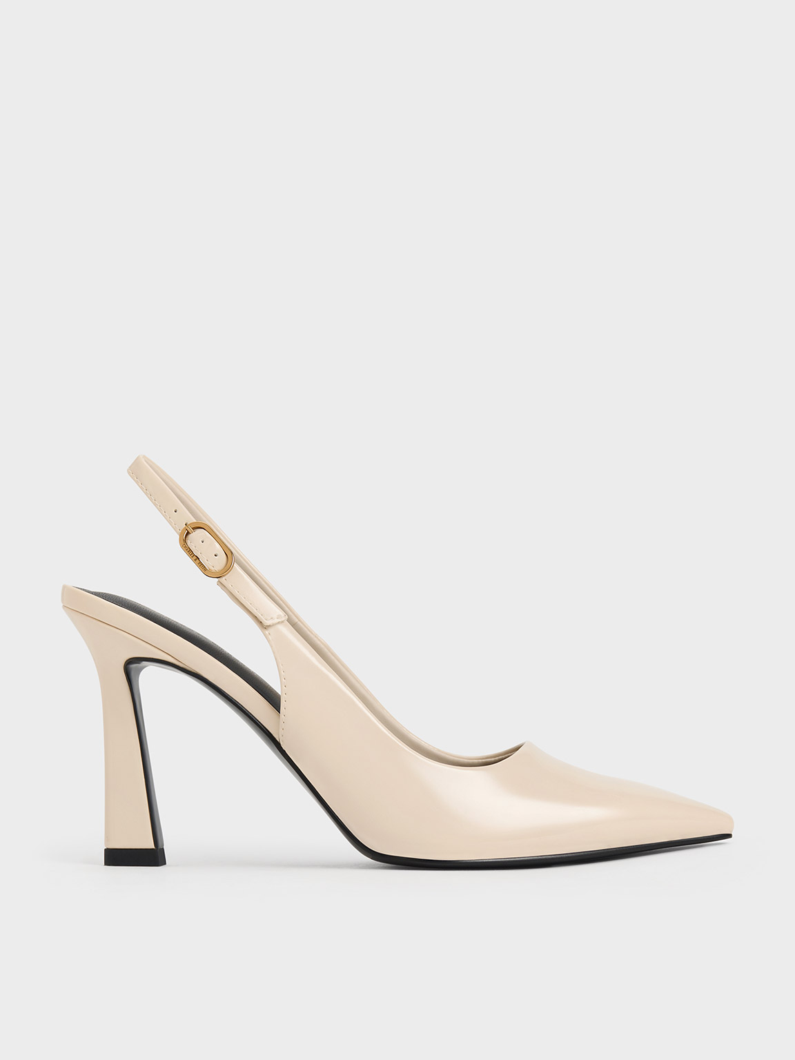 Charles & Keith Patent Trapeze Heel Slingback Pumps In Cream