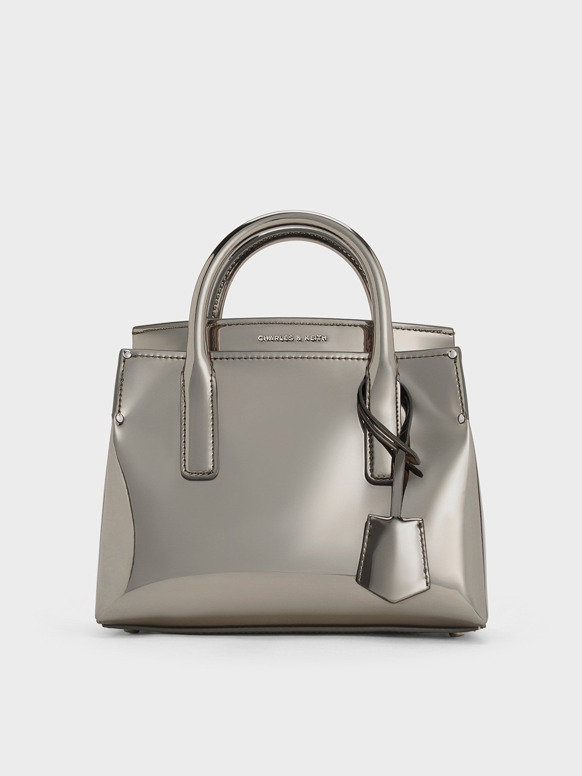 Charles & Keith - Rene Metallic Structured Top Handle Bag In Pewter