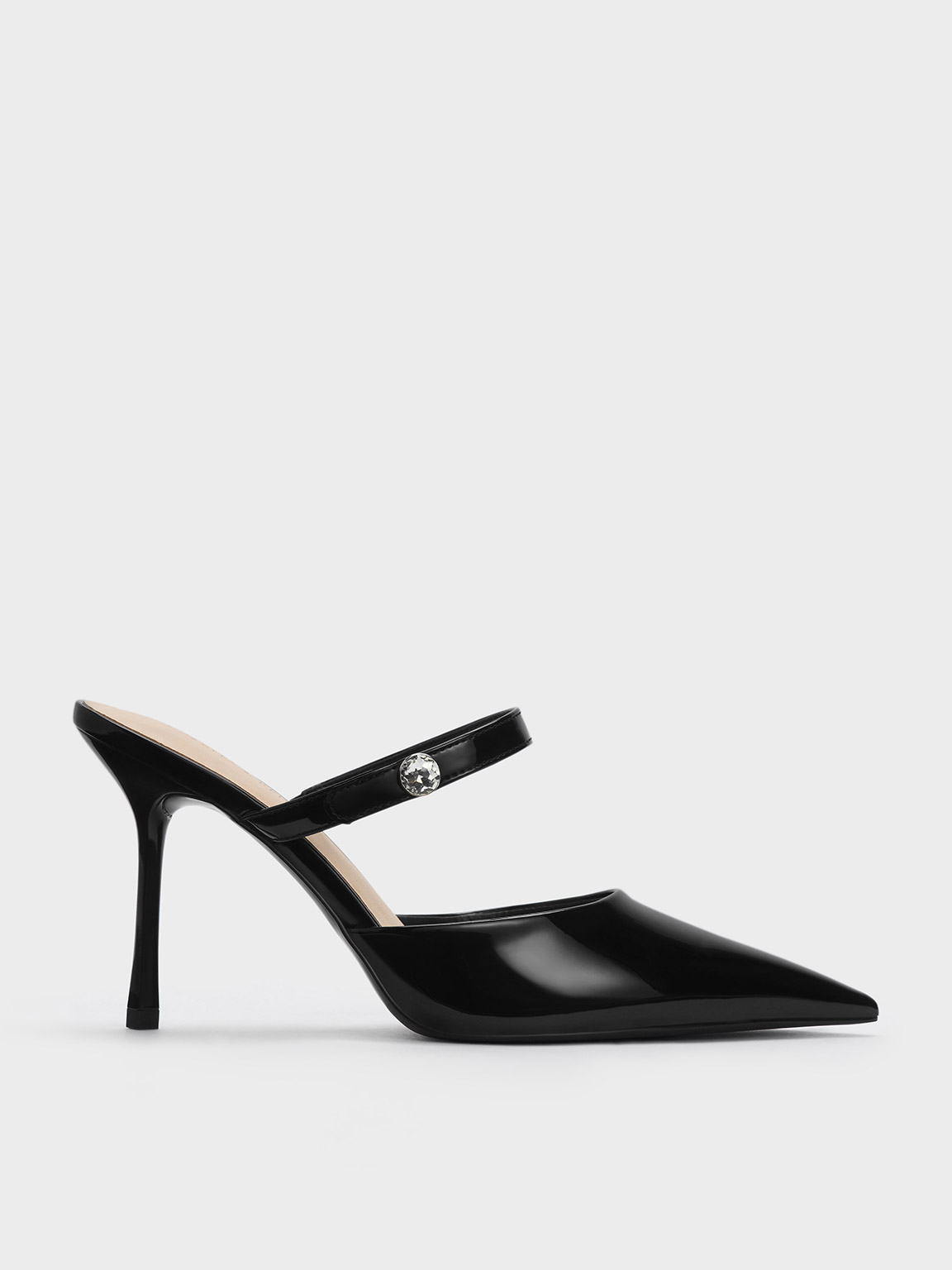 Shop Charles & Keith - Patent Crystal-accent Stiletto-heel Mules In Black Patent