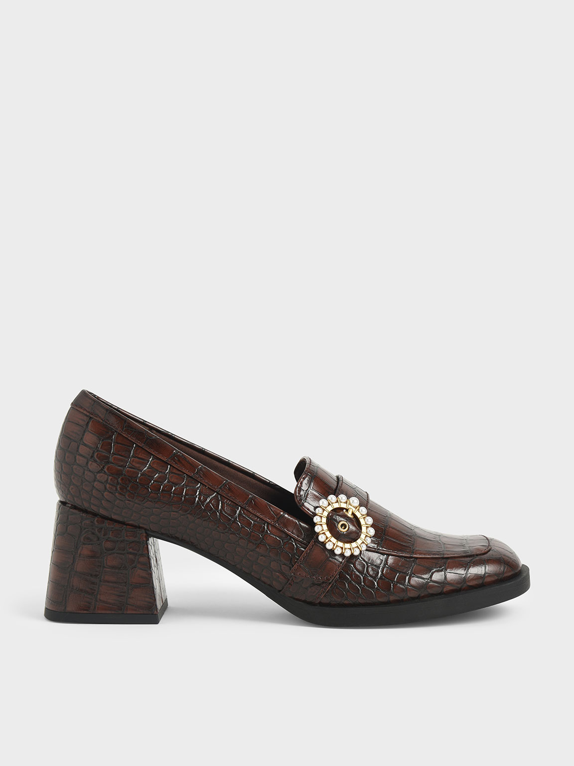

Beaded Accent Croc-Effect Loafer Pumps, Animal print brown