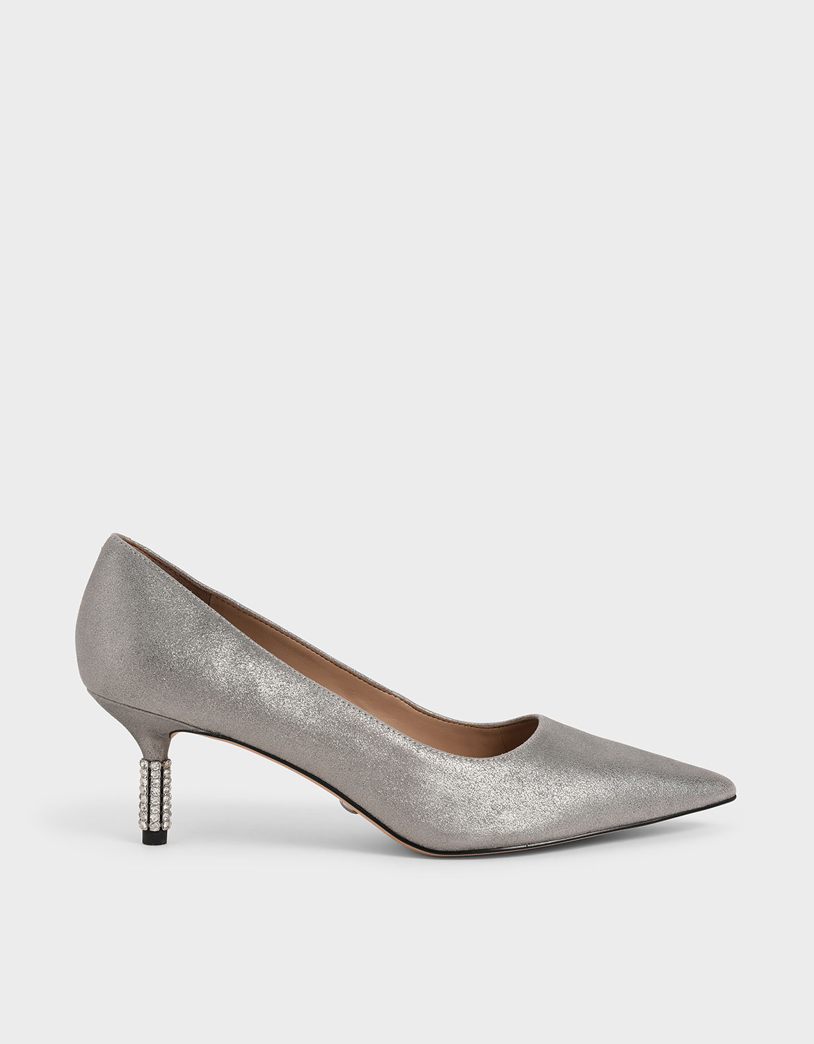 

Metallic Leather Embellished Heel Pumps, Silver