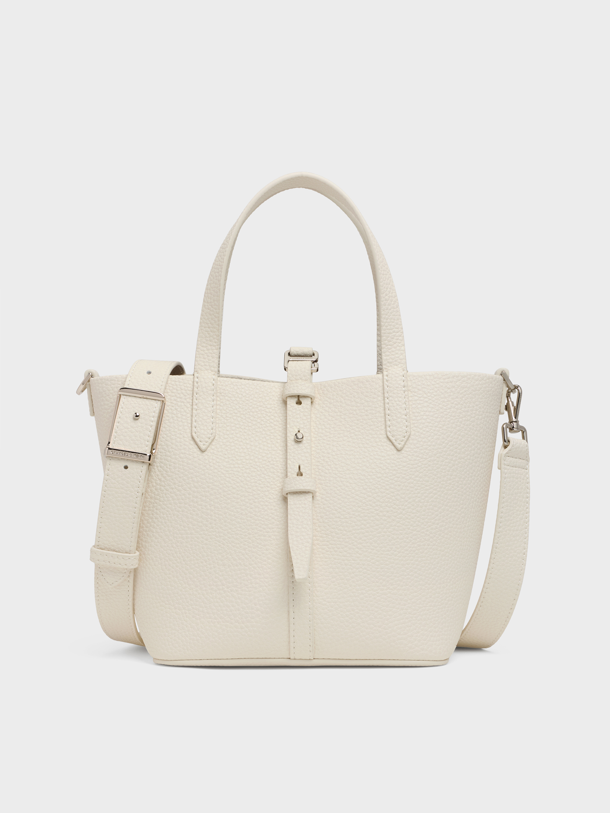 Charles & Keith - Beryl Recycled Leather Double-handle Belted Bucket Bag In White