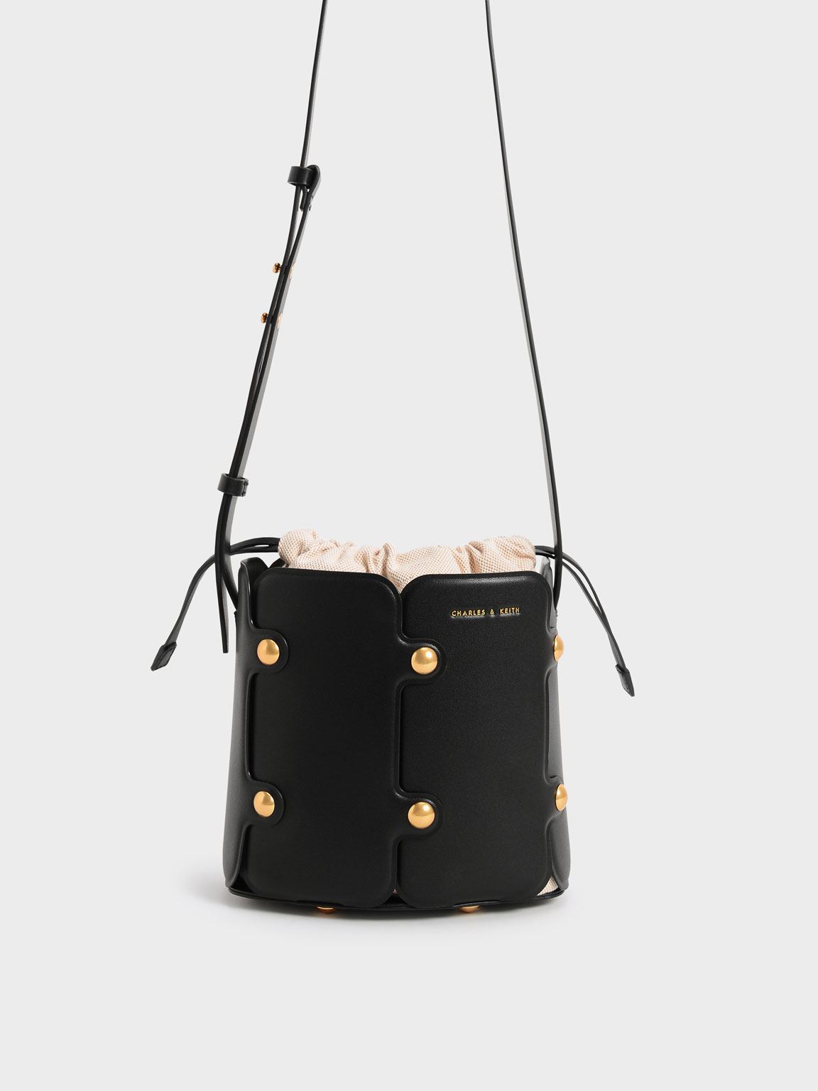 

Studded Drawstring Bucket Bag, Black