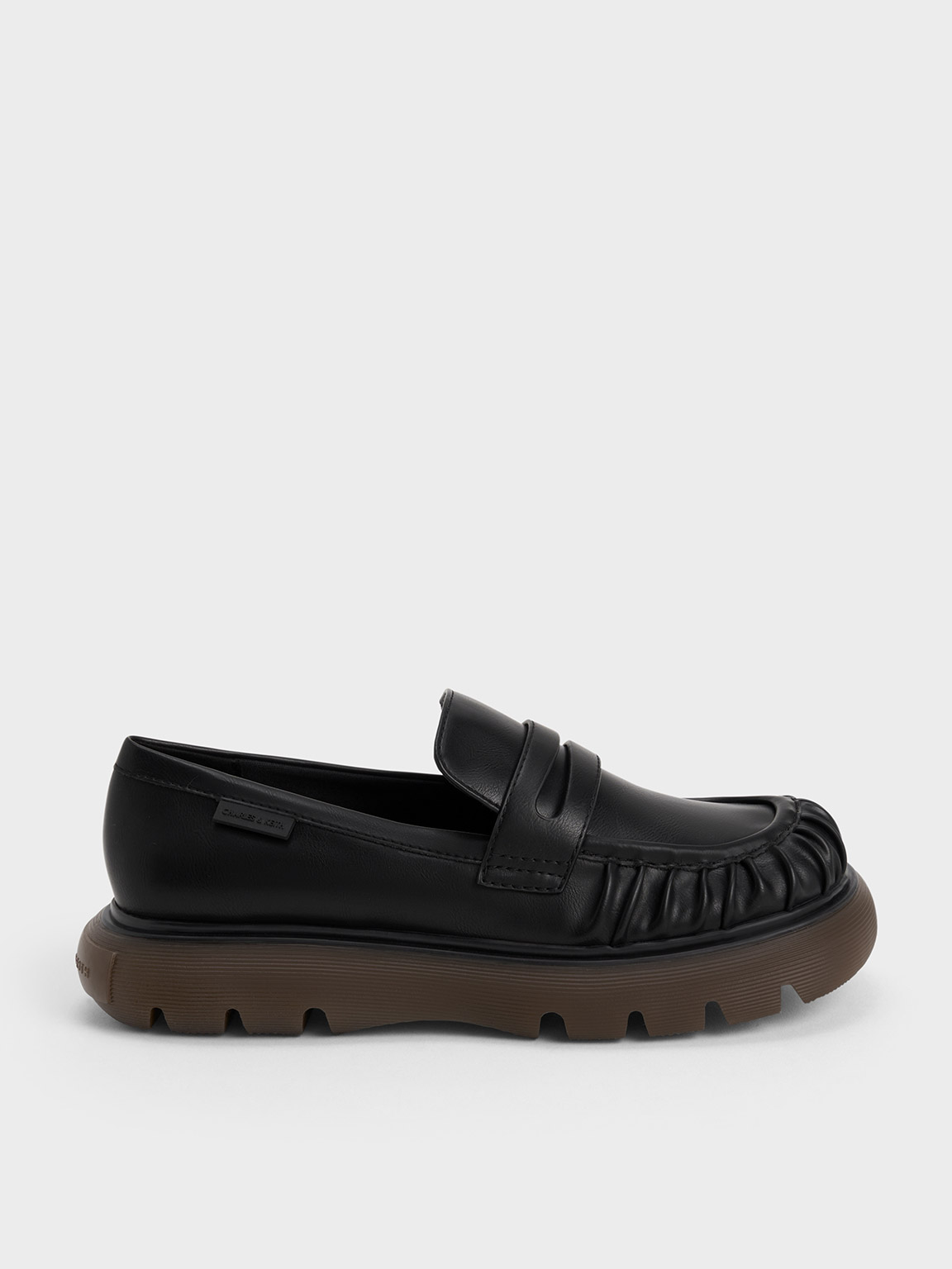 Charles & Keith Ruched Ridged-sole Penny Loafers In Black Textured