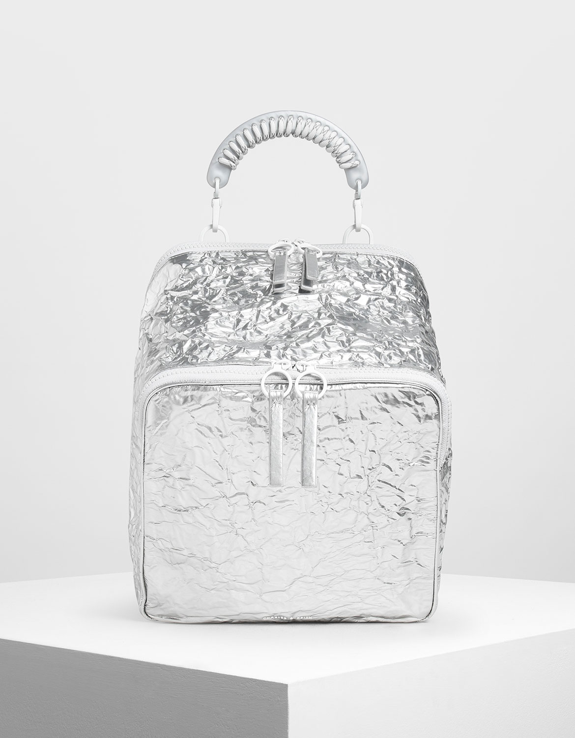 

Rope Handle Wrinkled Effect Metallic Backpack, Silver