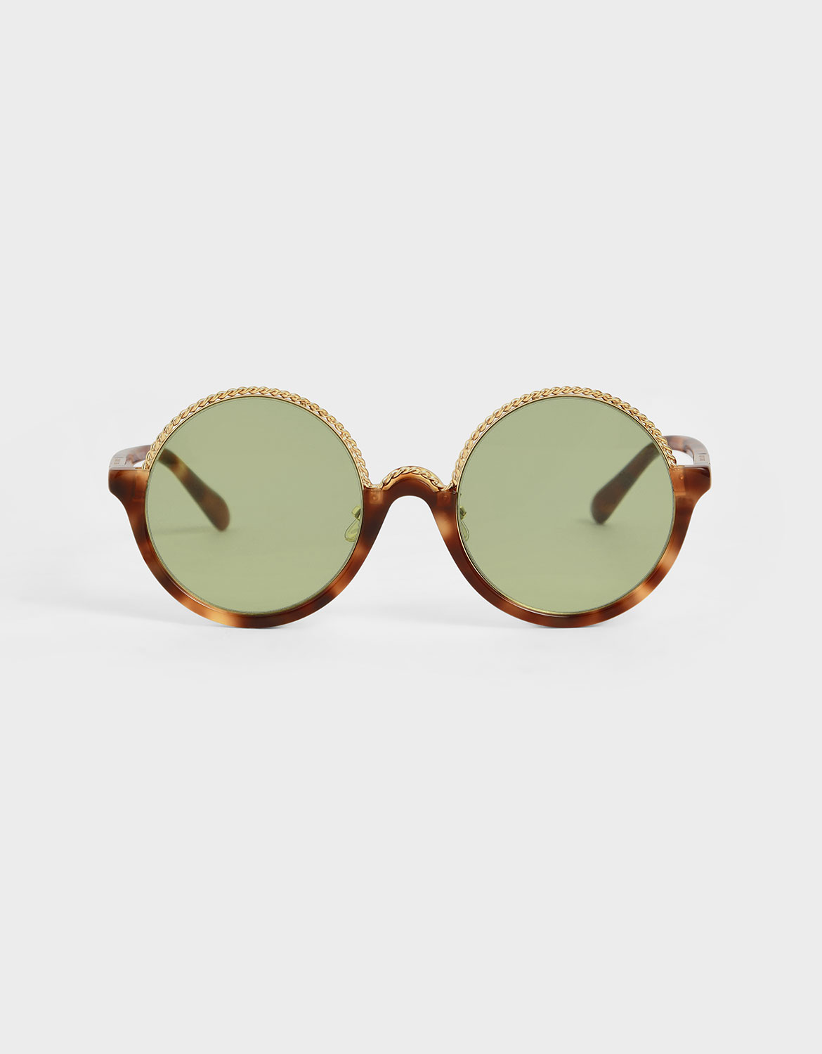 

Tortoiseshell Half Frame Embellished Round Sunglasses, T. shell