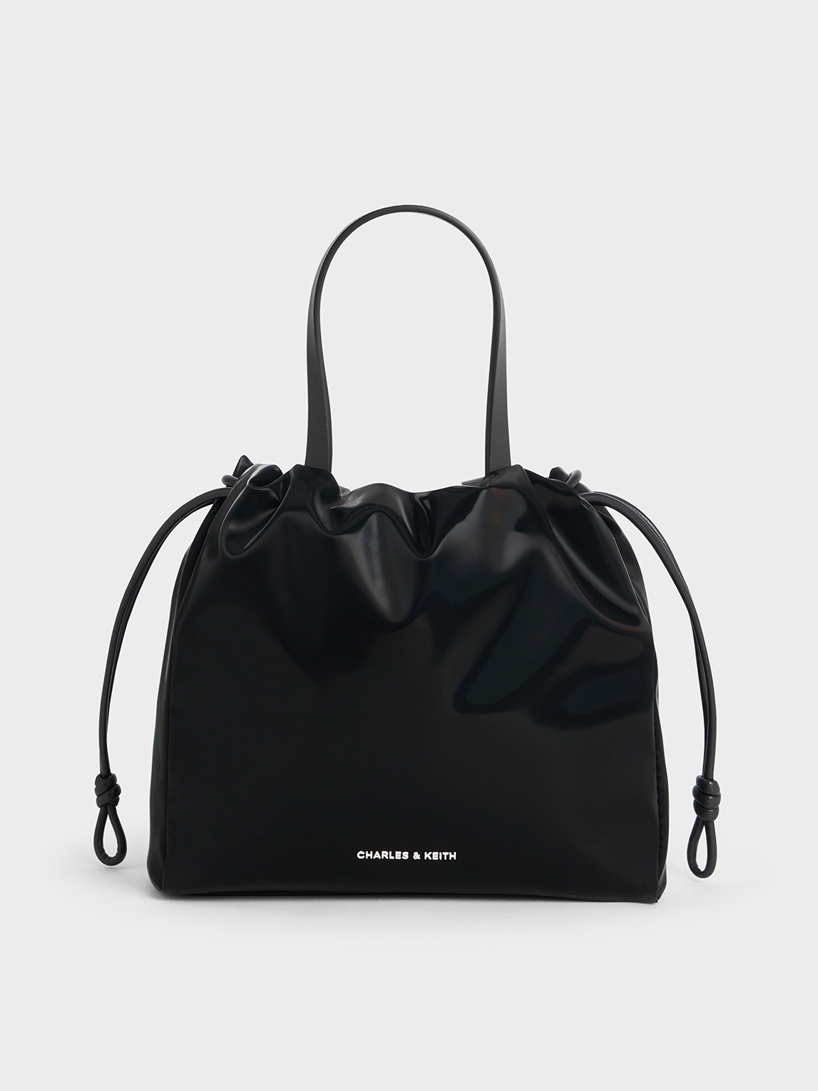Charles & Keith - Mini Bethel Shiny Ruched Drawstring Tote Bag In Jet Black