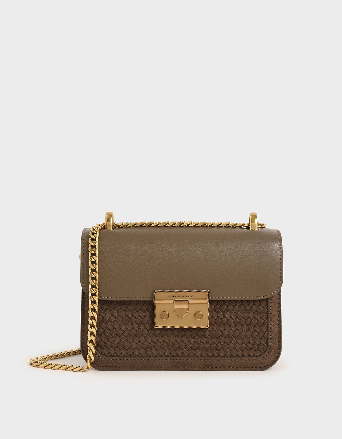 

Woven Push-Lock Crossbody Bag, Khaki