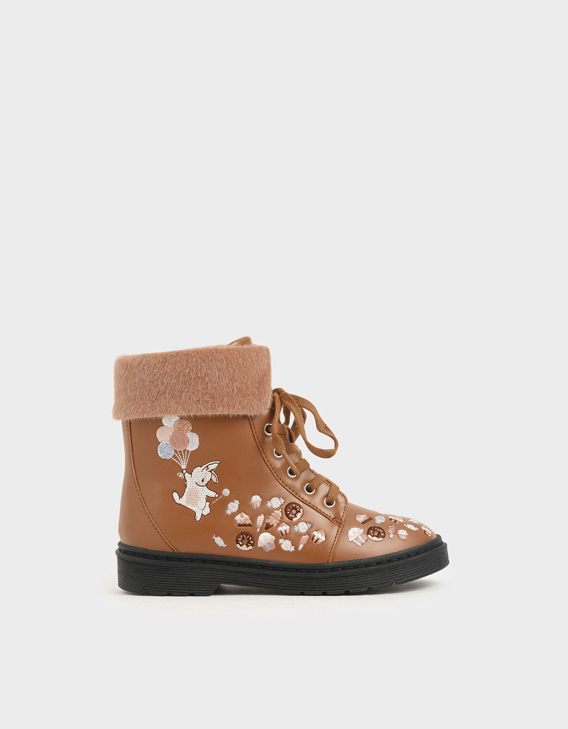

Girl's Furry Cuff Embroidered Ankle Boots, Nude