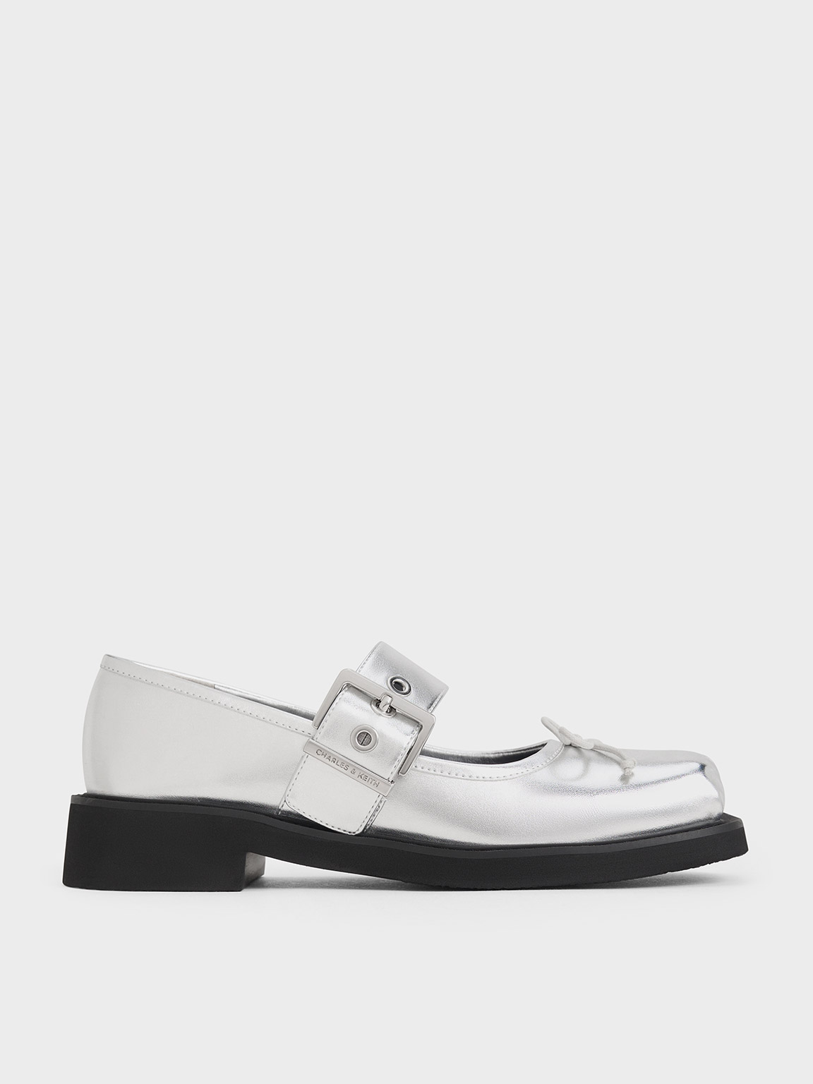 Silver Metallic Bow Buckled Mary Janes - CHARLES & KEITH UK