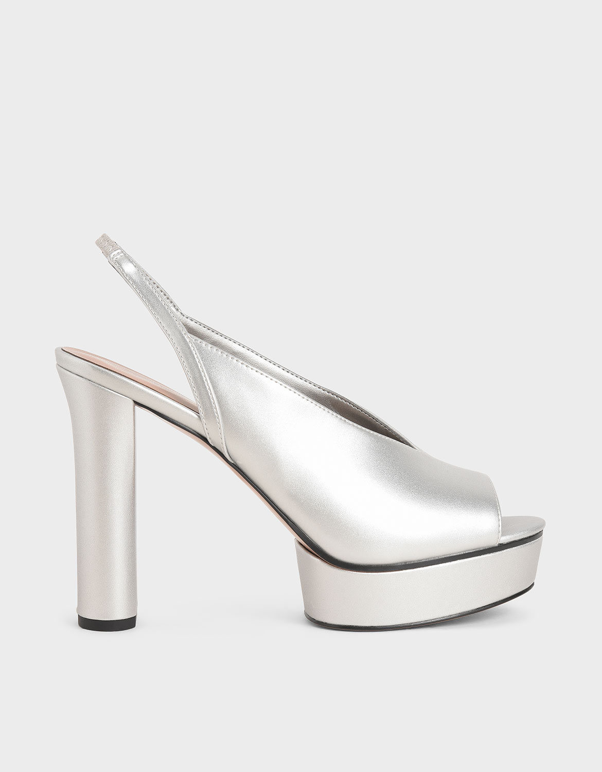 

Metallic V-Cut Slingback Platforms, Silver