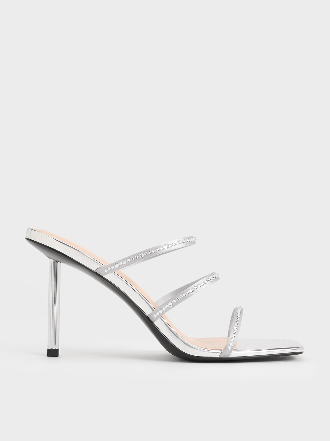 Shop Charles & Keith - Recycled Polyester Crystal-embellished Strappy Mules In Silver