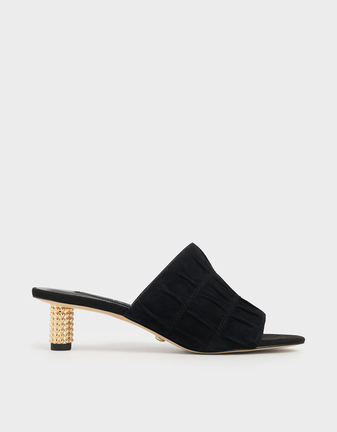 

Embellished Heel Ruched Mules (Kid Suede), Black