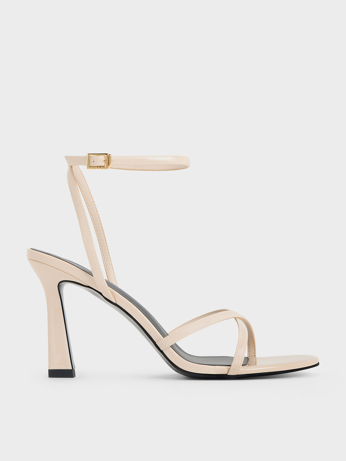 Charles & Keith Patent Crossover-strap Heeled Sandals In Cream