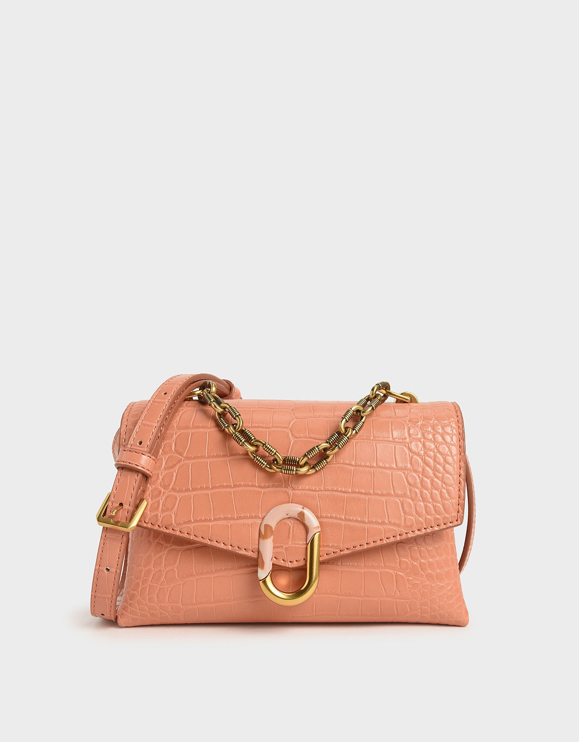 

Croc-Effect Chunky Chain Strap Trapeze Bag, Peach