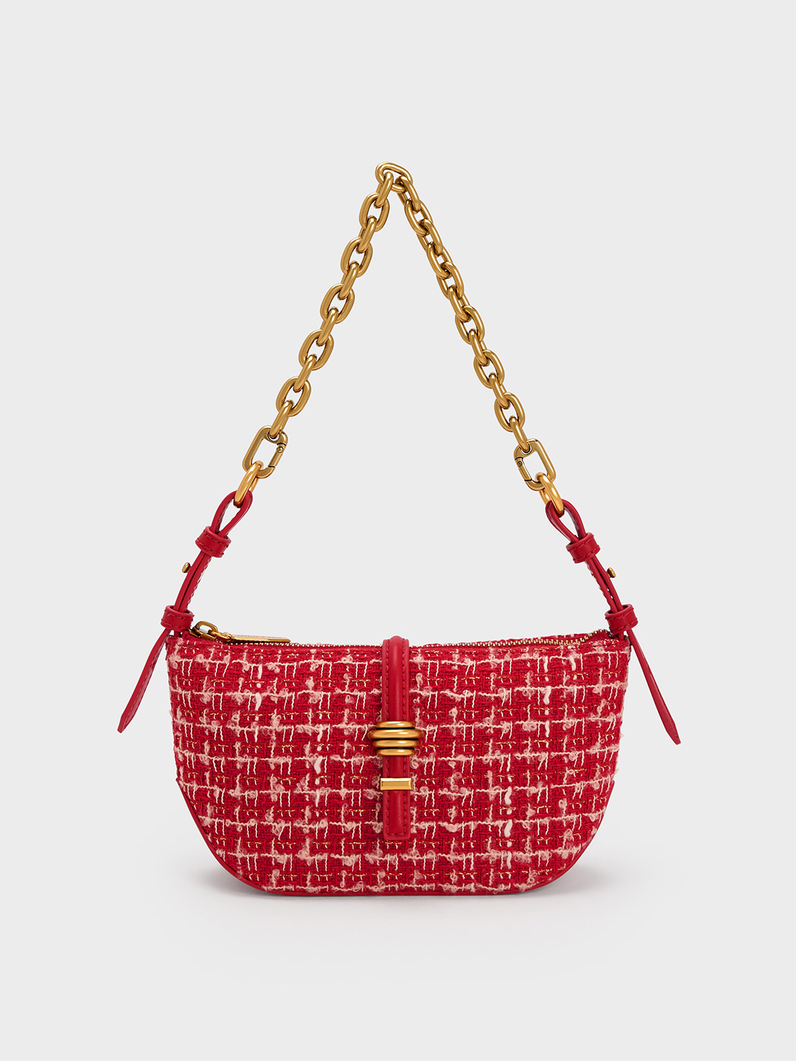 Charles & Keith Trudy Tweed Belted Geometric Bag In Red