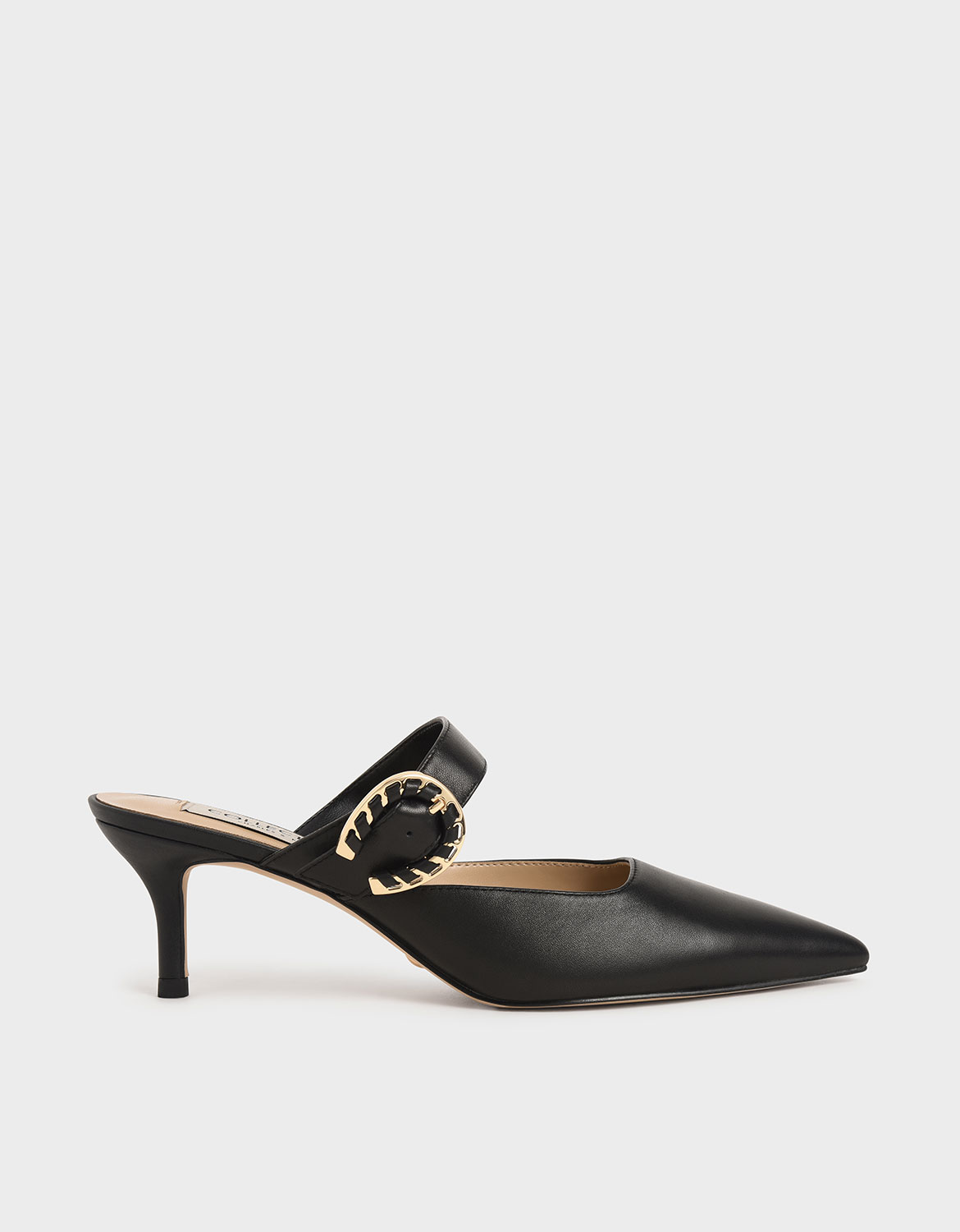 

Leather Buckle Strap Mules, Black
