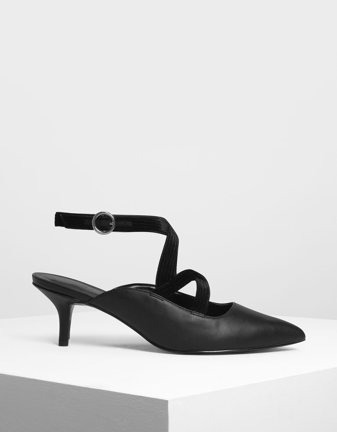 

Criss Cross Velvet Strap Heels, Black